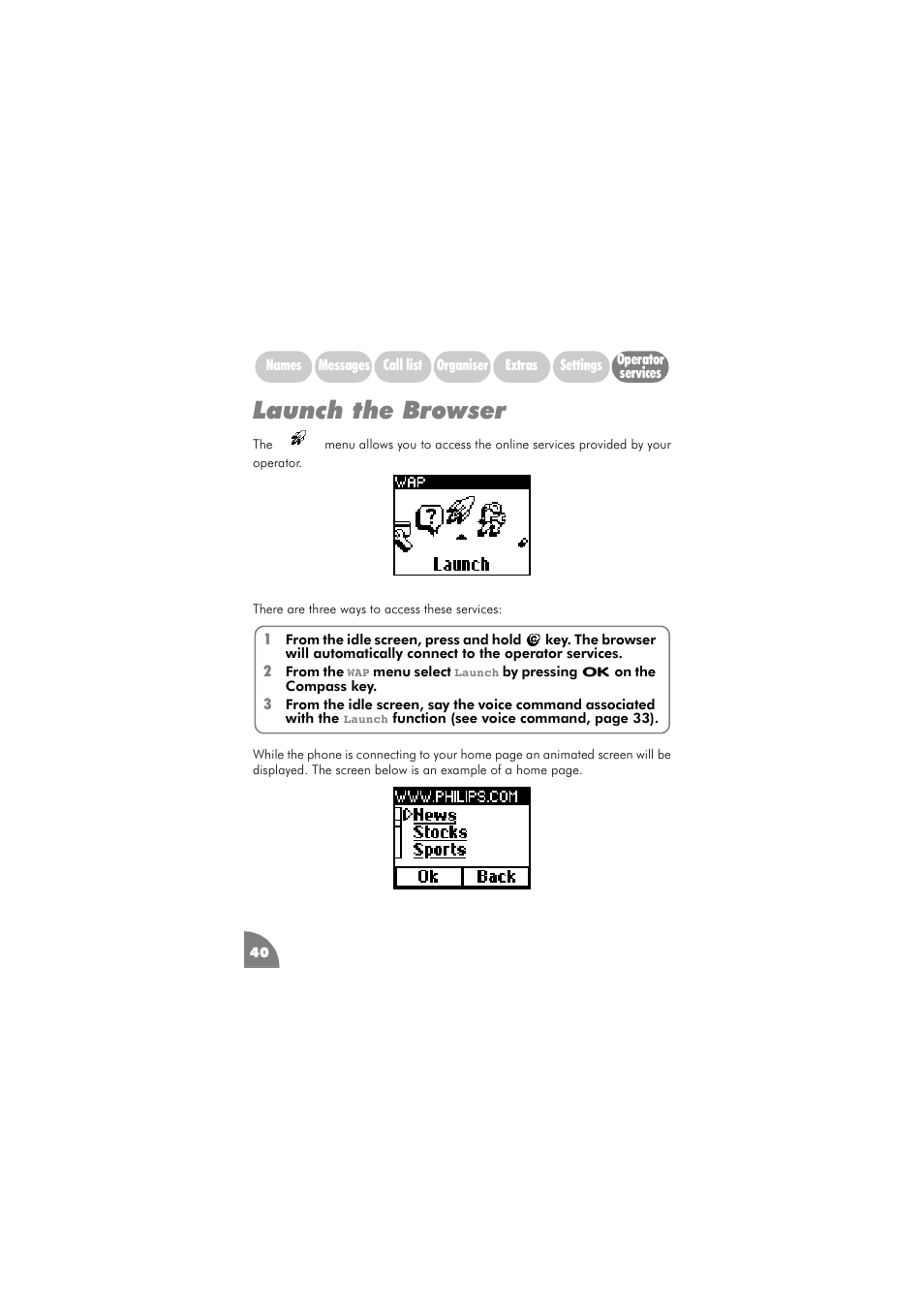 Launch the browser, Launch the browser 40 | Philips 288 User Manual | Page 44 / 62