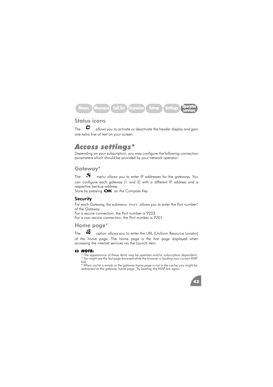 Status icons, Access settings, Gateway | Gateway 43, Security 43, Home page | Philips 288 User Manual | Page 47 / 62