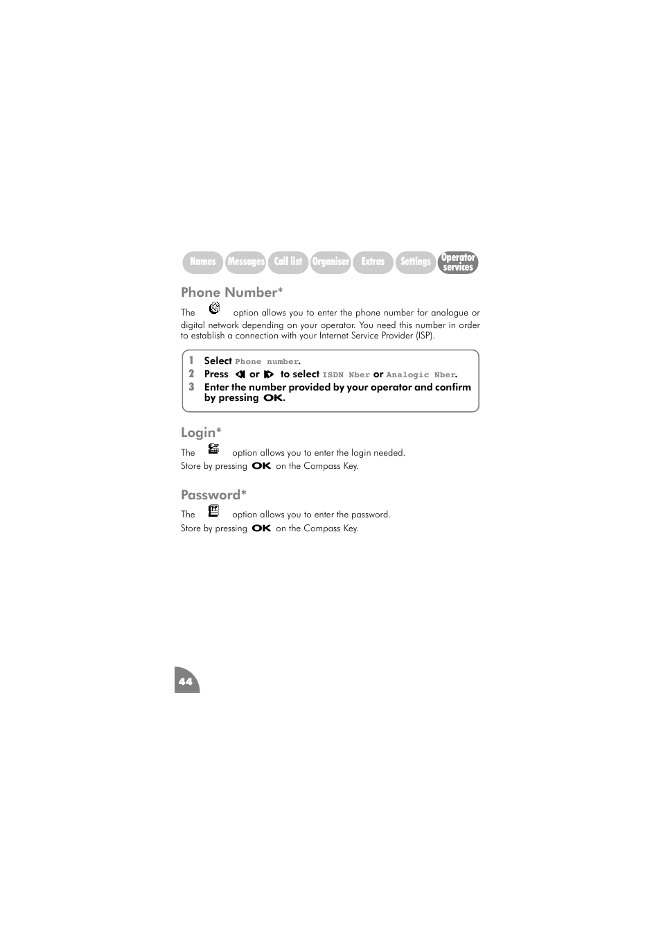 Phone number, Login, Password | Login 44 password 44 | Philips 288 User Manual | Page 48 / 62