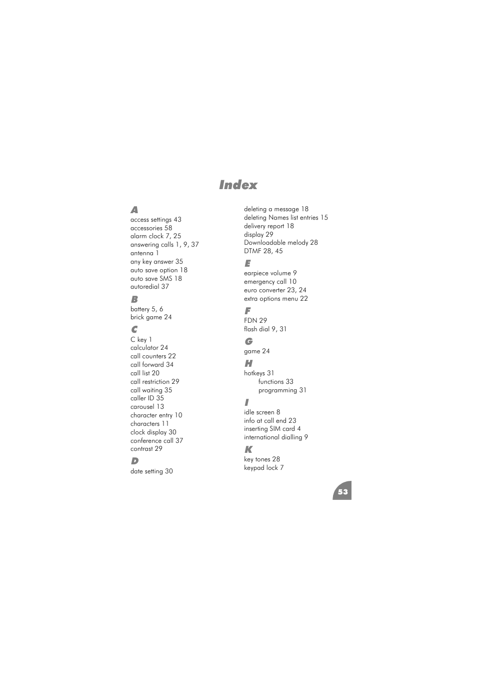 Index, Index 53 | Philips 288 User Manual | Page 57 / 62