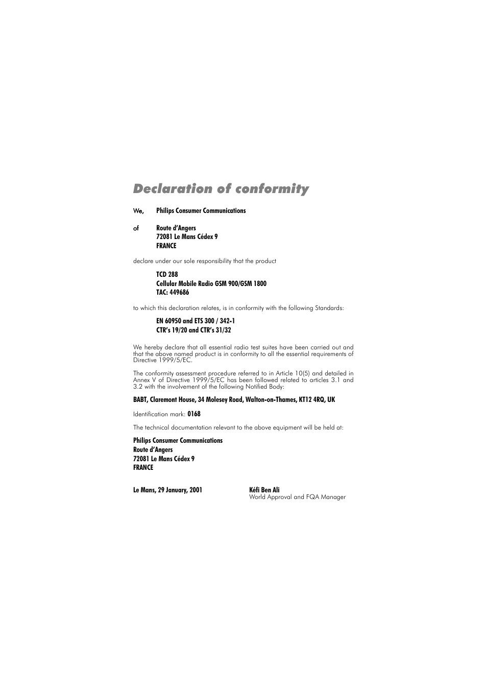 Declaration of conformity, Declaration of, Conformity 56 | Philips 288 User Manual | Page 60 / 62