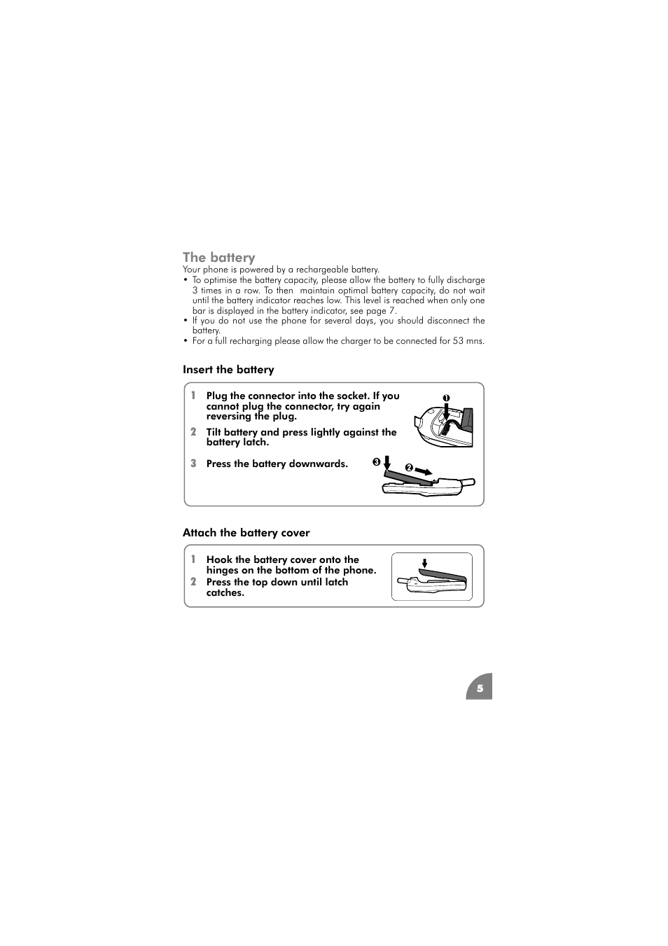 The battery, Insert the battery, Attach the battery cover | Philips 288 User Manual | Page 9 / 62
