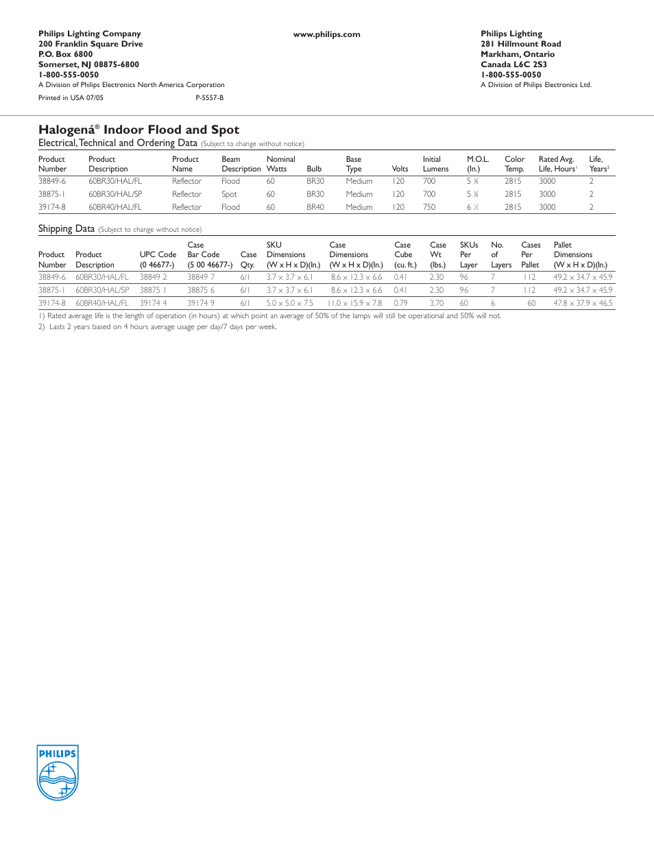Halogená, Indoor flood and spot | Philips P-5557-B User Manual | Page 2 / 2