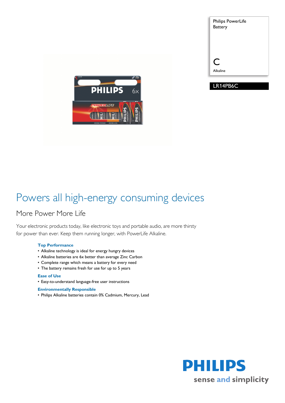 Philips Power Life LR14PB6C User Manual | 2 pages