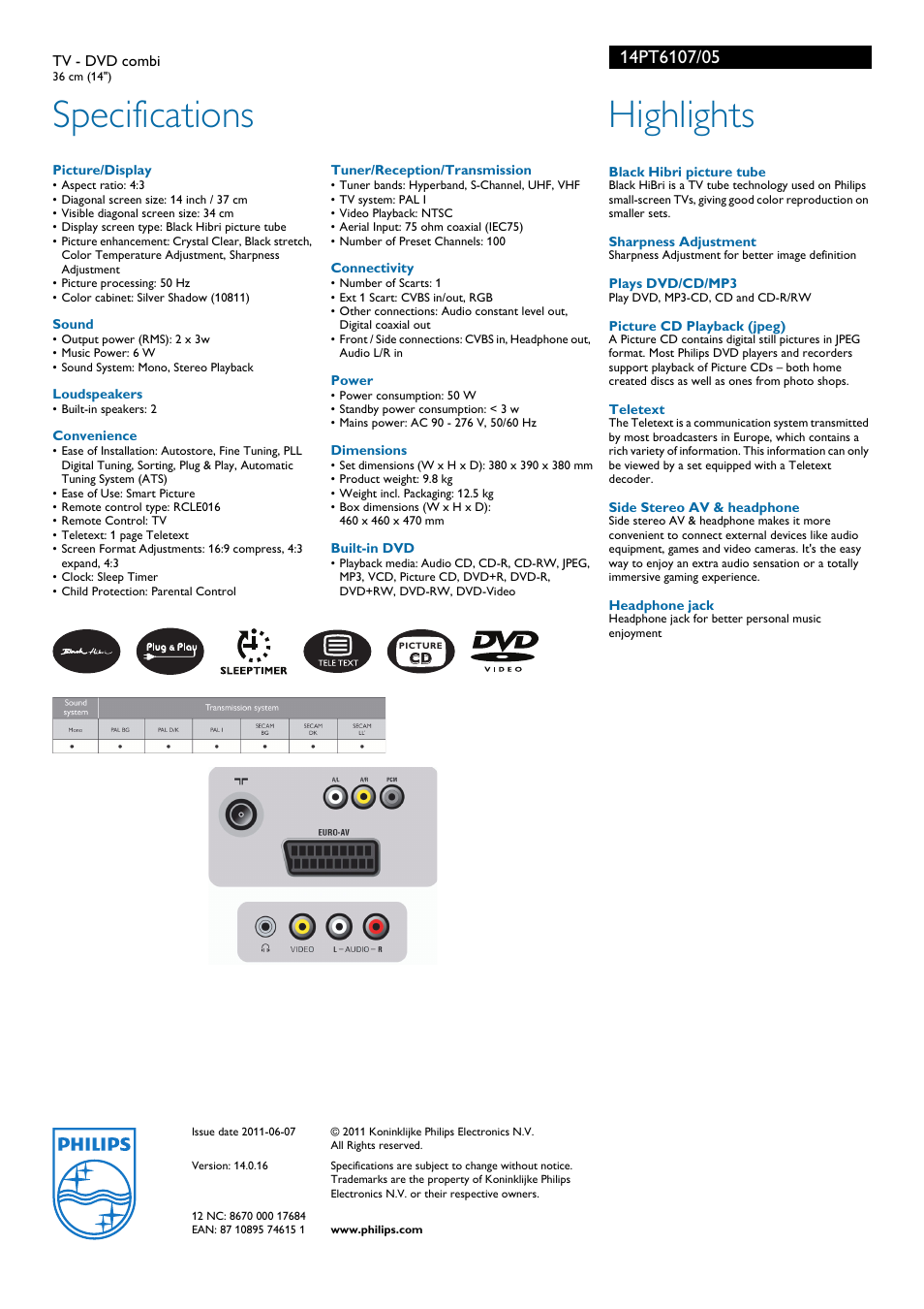 Specifications, Highlights | Philips 14PT6107S User Manual | Page 2 / 2