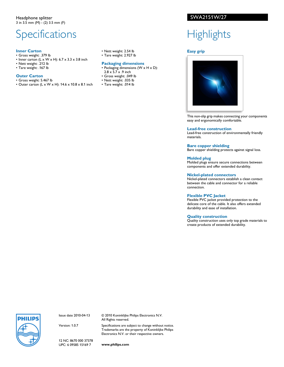 Specifications, Highlights | Philips SWA2151W User Manual | Page 2 / 2