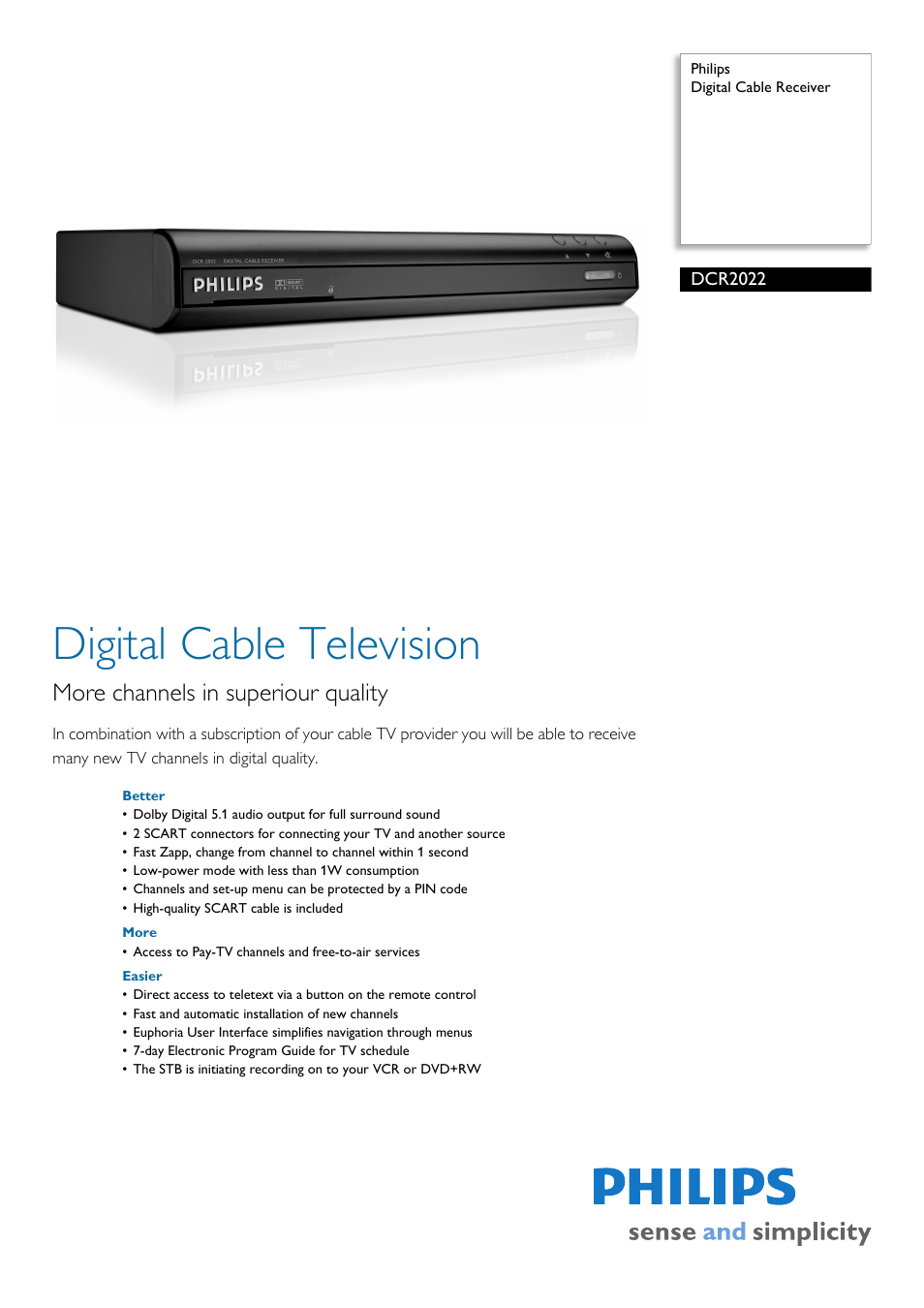 Philips Digital Cable Receiver DCR2022 User Manual | 2 pages