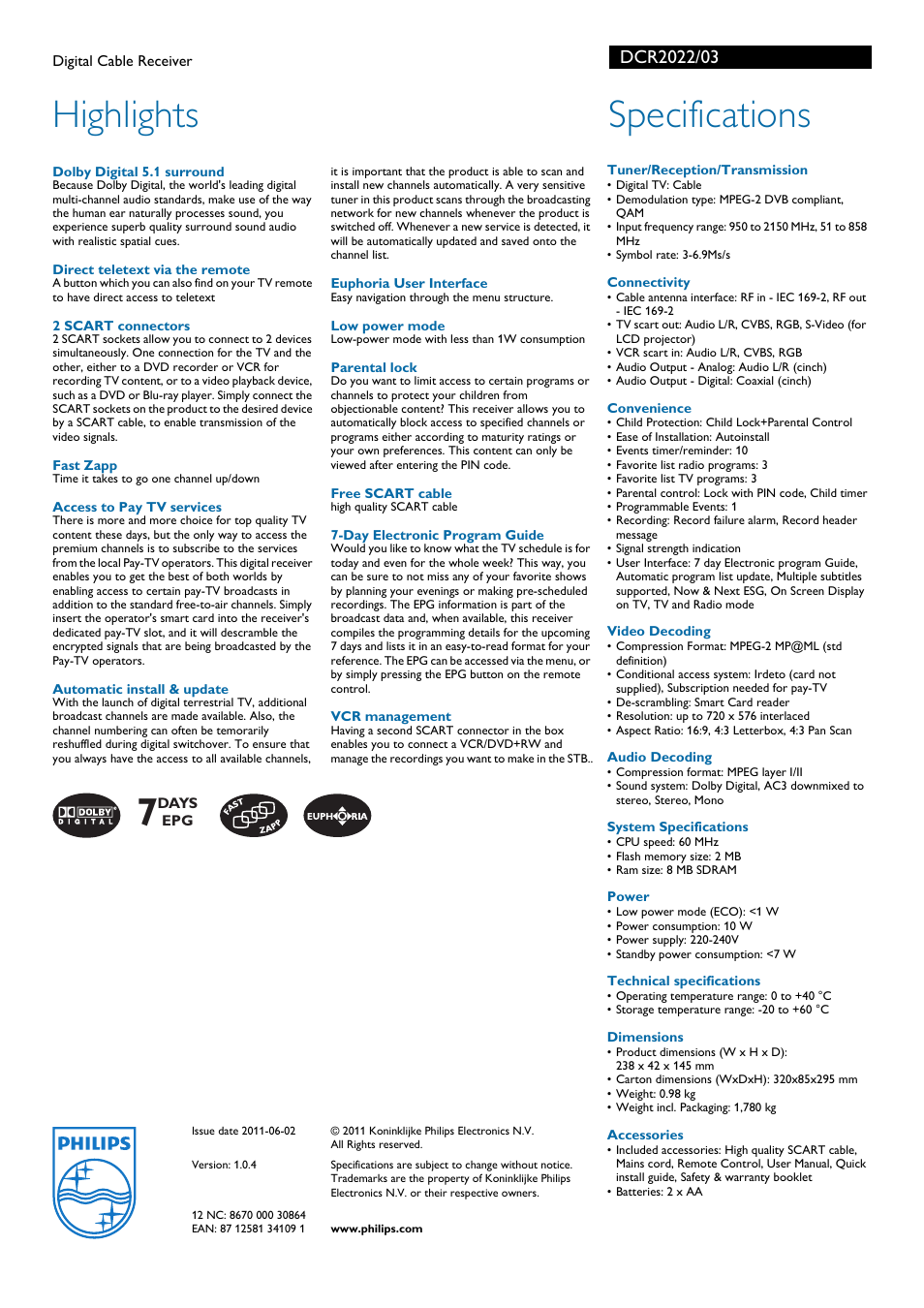 Highlights, Specifications | Philips Digital Cable Receiver DCR2022 User Manual | Page 2 / 2