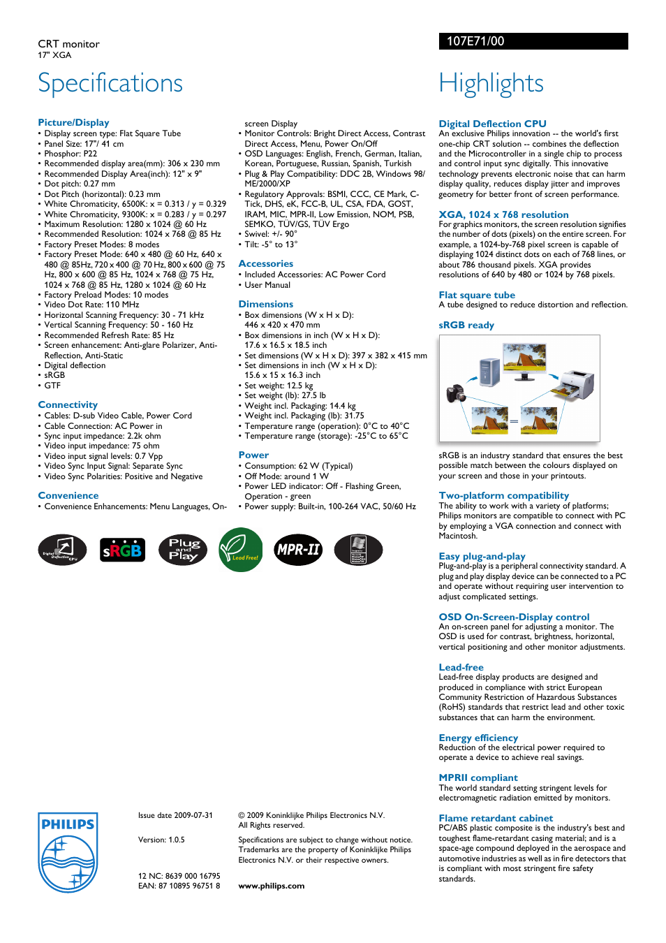 Specifications, Highlights | Philips 107E71/00 User Manual | Page 2 / 2