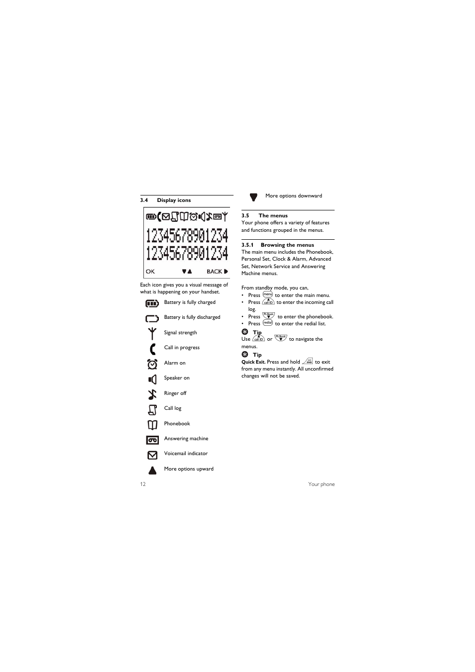 4 display icons, 5 the menus | Philips SE455C User Manual | Page 14 / 64