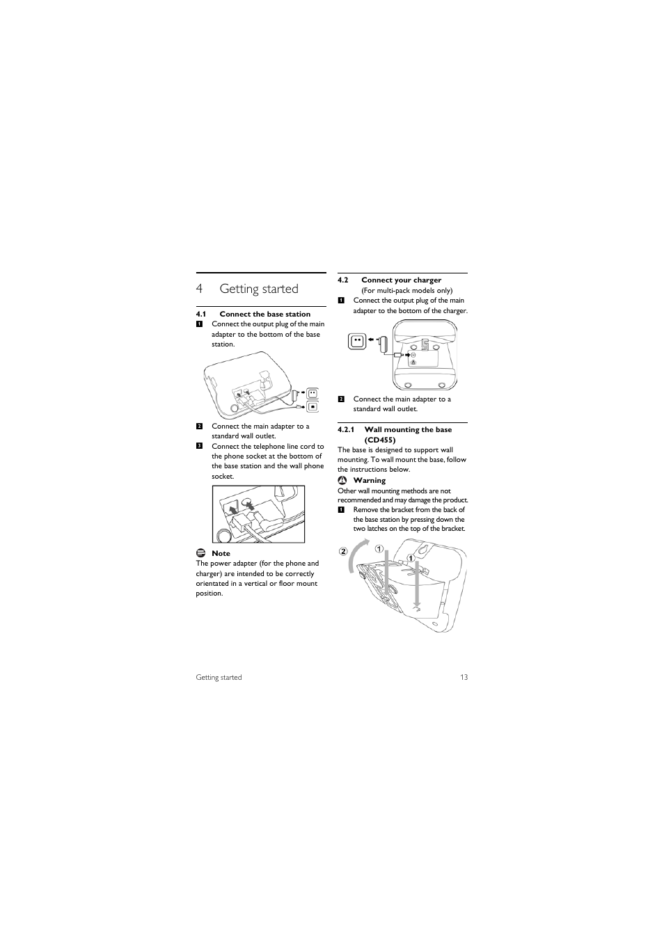 4 getting started, 1 connect the base station, 2 connect your charger | 4getting started | Philips SE455C User Manual | Page 15 / 64