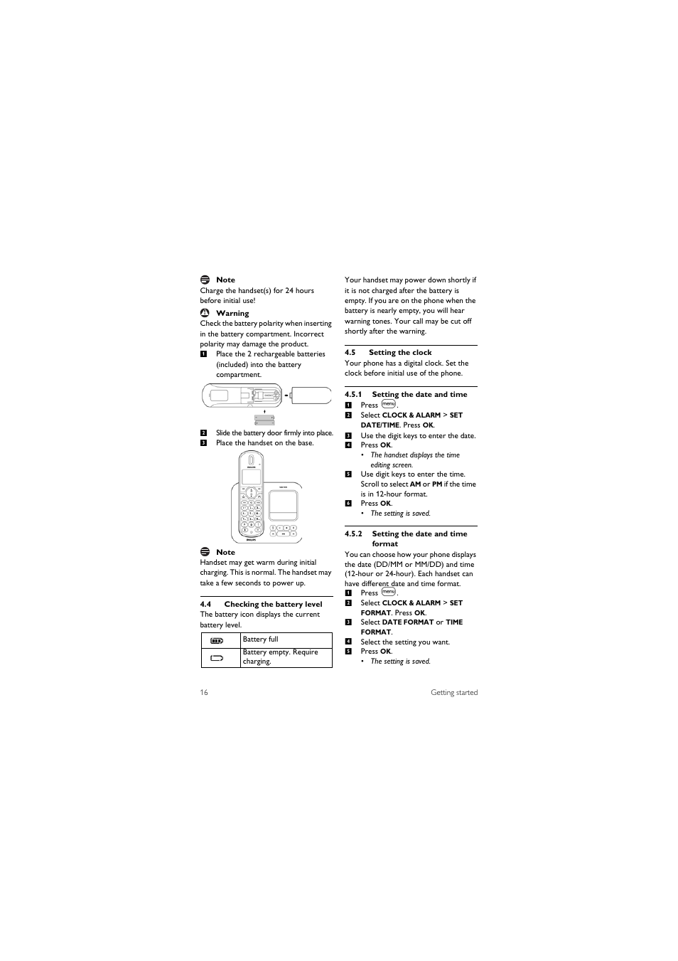 4 checking the battery level, 5 setting the clock | Philips SE455C User Manual | Page 18 / 64