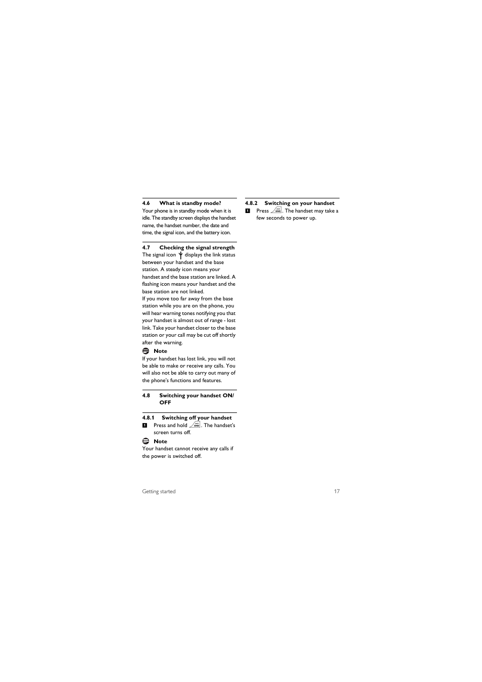 6 what is standby mode, 7 checking the signal strength, 8 switching your handset on/ off | Philips SE455C User Manual | Page 19 / 64