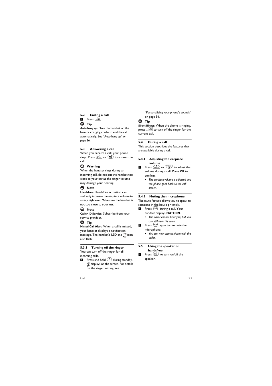 2 ending a call, 3 answering a call, 4 during a call | 5 using the speaker or handsfree | Philips SE455C User Manual | Page 25 / 64