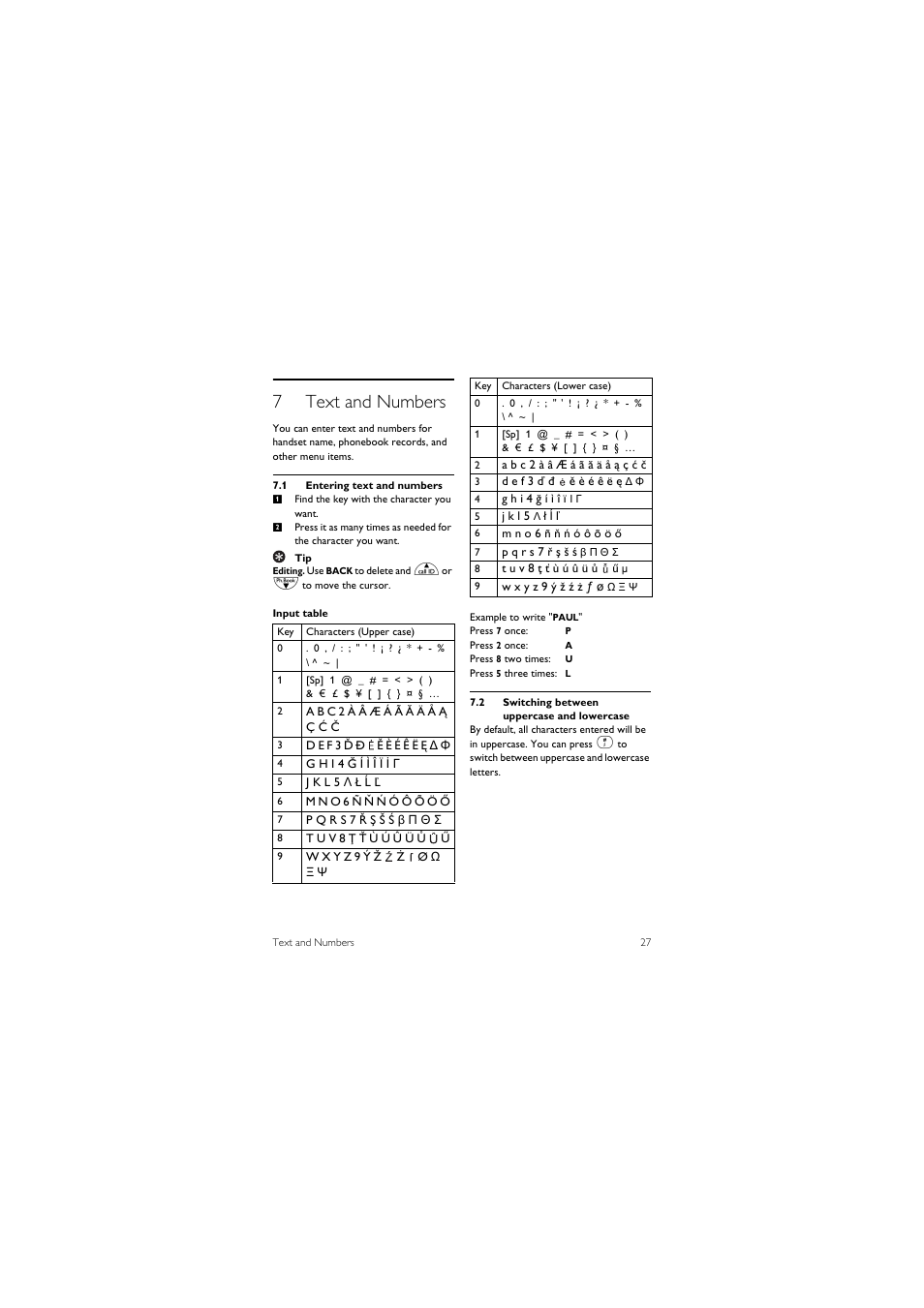 7 text and numbers, 1 entering text and numbers, 2 switching between uppercase and lowercase | 7text and numbers | Philips SE455C User Manual | Page 29 / 64