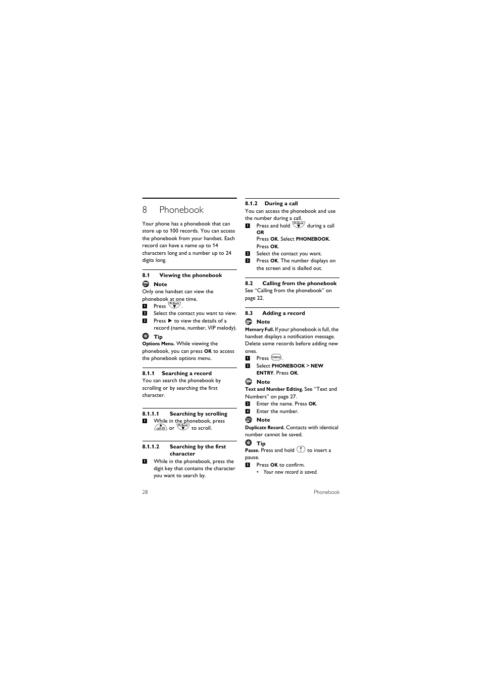 8 phonebook, 1 viewing the phonebook, 2 calling from the phonebook | 3 adding a record, 8phonebook | Philips SE455C User Manual | Page 30 / 64