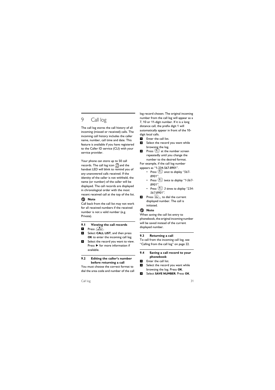 9 call log, 1 viewing the call records, 3 returning a call | 4 saving a call record to your phonebook, 9call log | Philips SE455C User Manual | Page 33 / 64