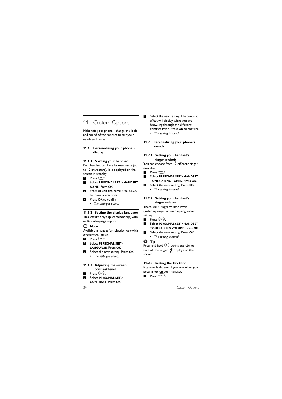 11 custom options, 1 personalizing your phone’s display, 2 personalizing your phone’s sounds | Philips SE455C User Manual | Page 36 / 64