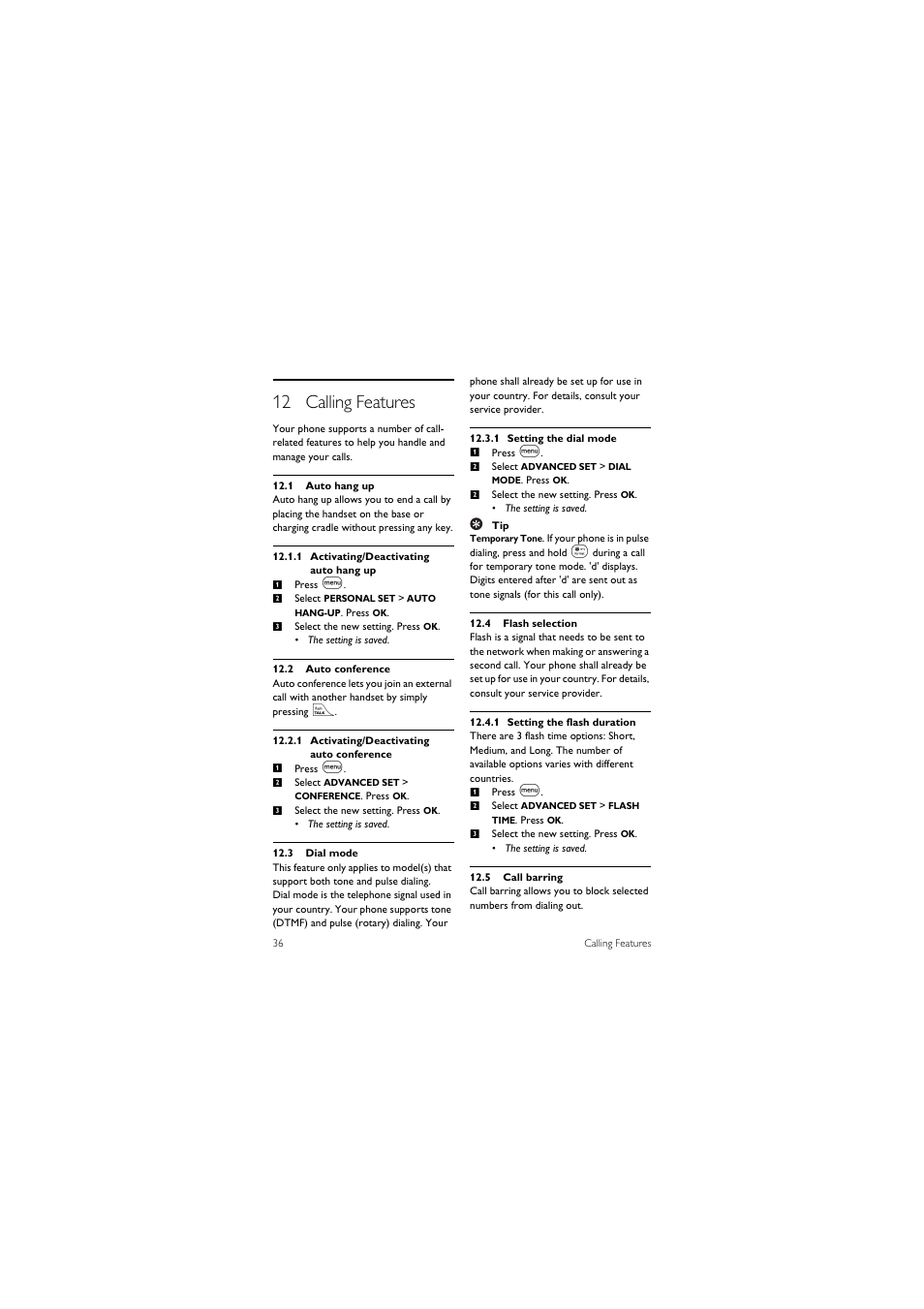 12 calling features, 1 auto hang up, 2 auto conference | 3 dial mode, 4 flash selection, 5 call barring | Philips SE455C User Manual | Page 38 / 64