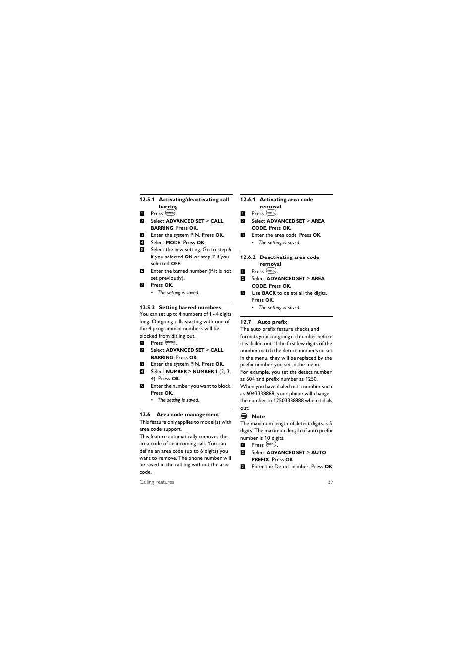 6 area code management, 7 auto prefix | Philips SE455C User Manual | Page 39 / 64