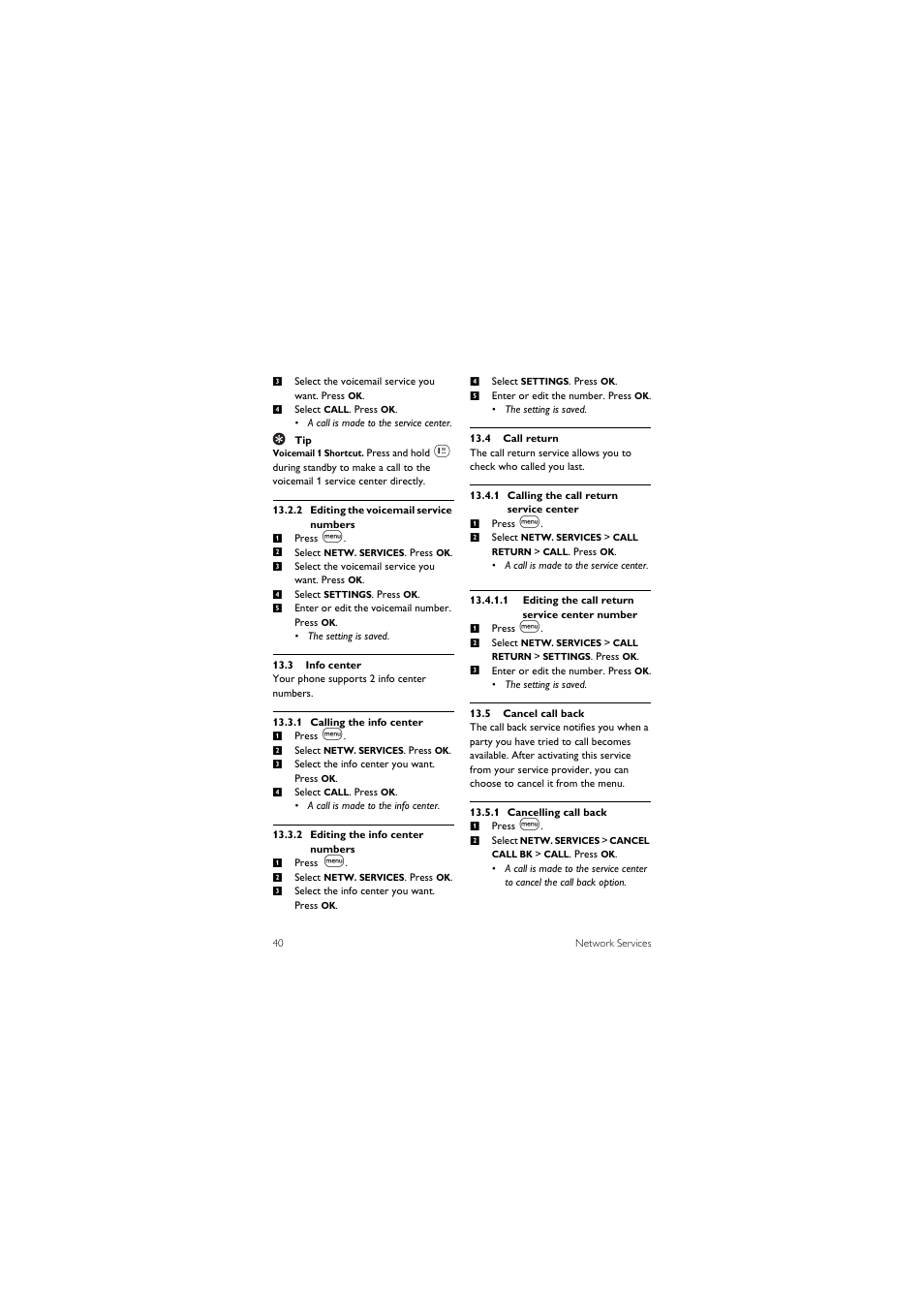 3 info center, 4 call return, 5 cancel call back | Philips SE455C User Manual | Page 42 / 64