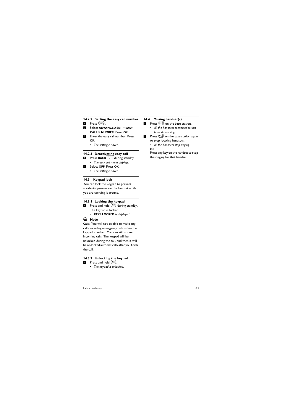 3 keypad lock, 4 missing handset(s) | Philips SE455C User Manual | Page 45 / 64