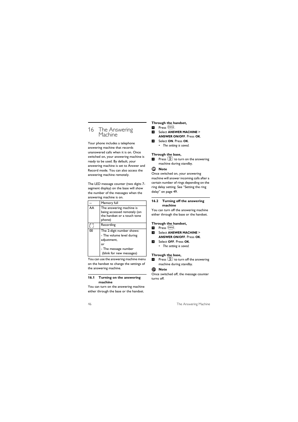 16 the answering machine, 1 turning on the answering machine, 2 turning off the answering machine | Philips SE455C User Manual | Page 48 / 64