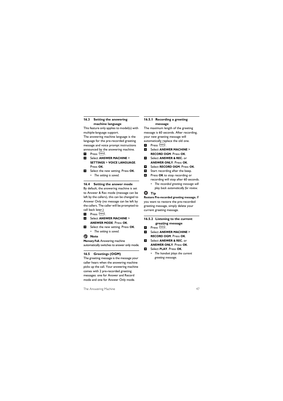 3 setting the answering machine language, 4 setting the answer mode, 5 greetings (ogm) | Philips SE455C User Manual | Page 49 / 64