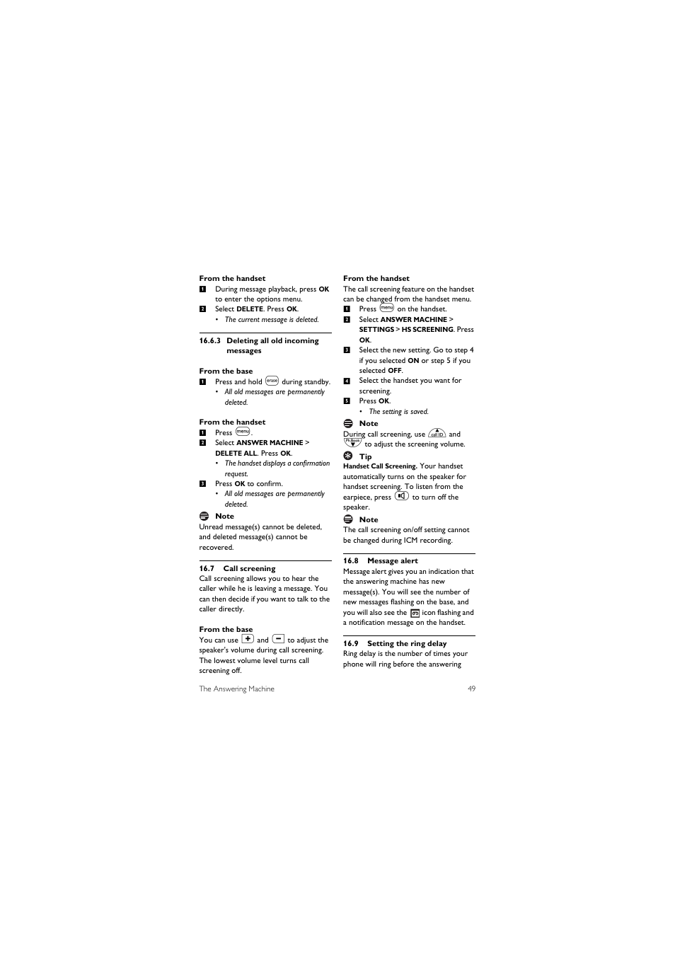 7 call screening, 8 message alert, 9 setting the ring delay | Philips SE455C User Manual | Page 51 / 64