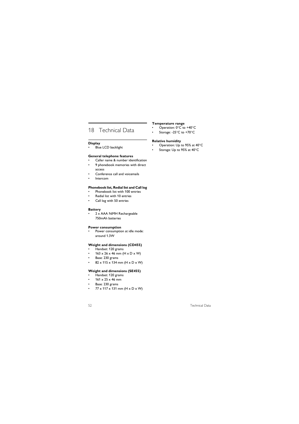 18 technical data | Philips SE455C User Manual | Page 54 / 64