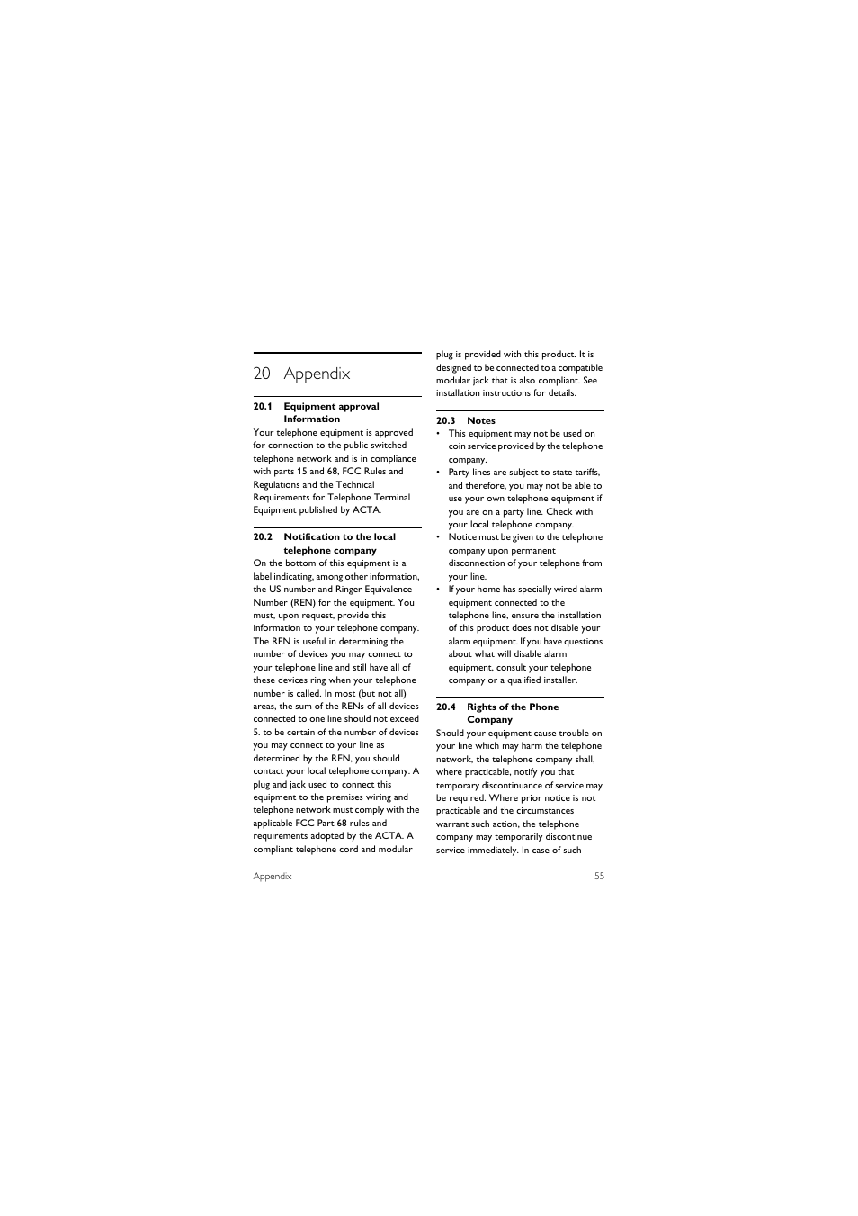 20 appendix, 1 equipment approval information, 2 notification to the local telephone company | 3 notes, 4 rights of the phone company | Philips SE455C User Manual | Page 57 / 64