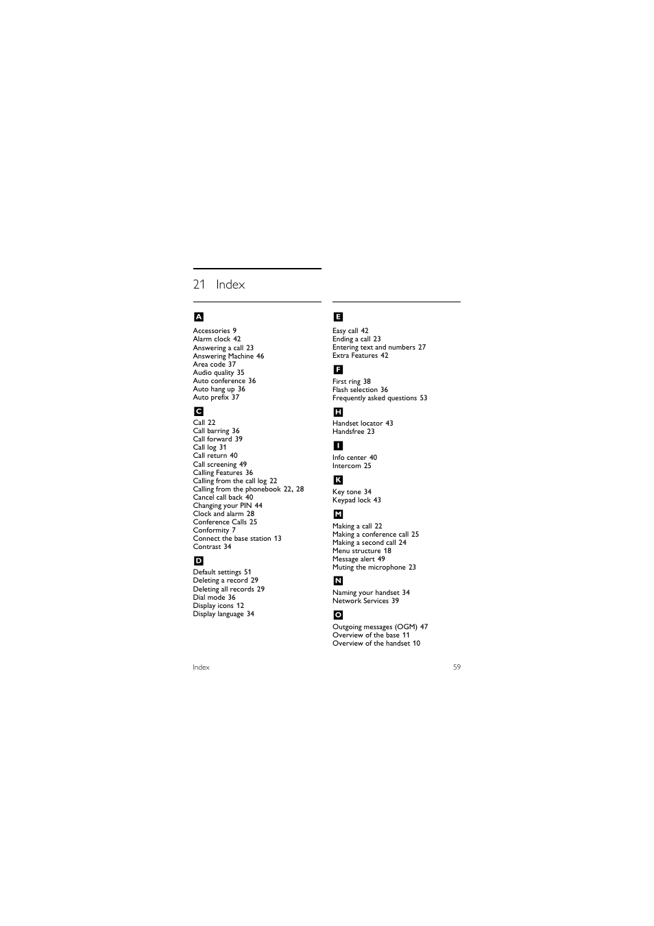 21 index, 21 index a | Philips SE455C User Manual | Page 61 / 64