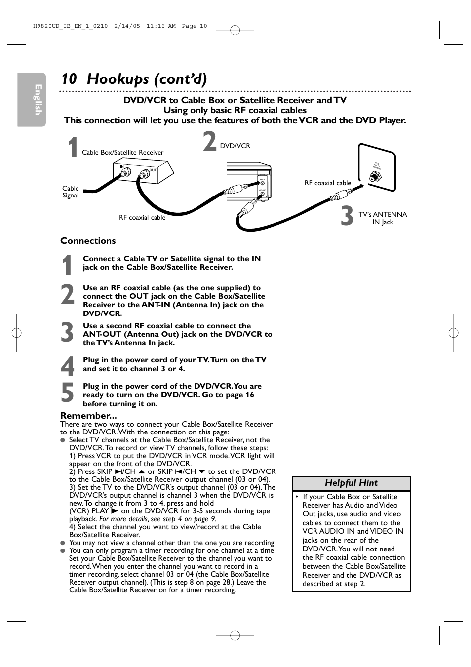10 hookups (cont’d), English, Connections | Remember, Helpful hint | Philips DVP3050V/37 User Manual | Page 10 / 66