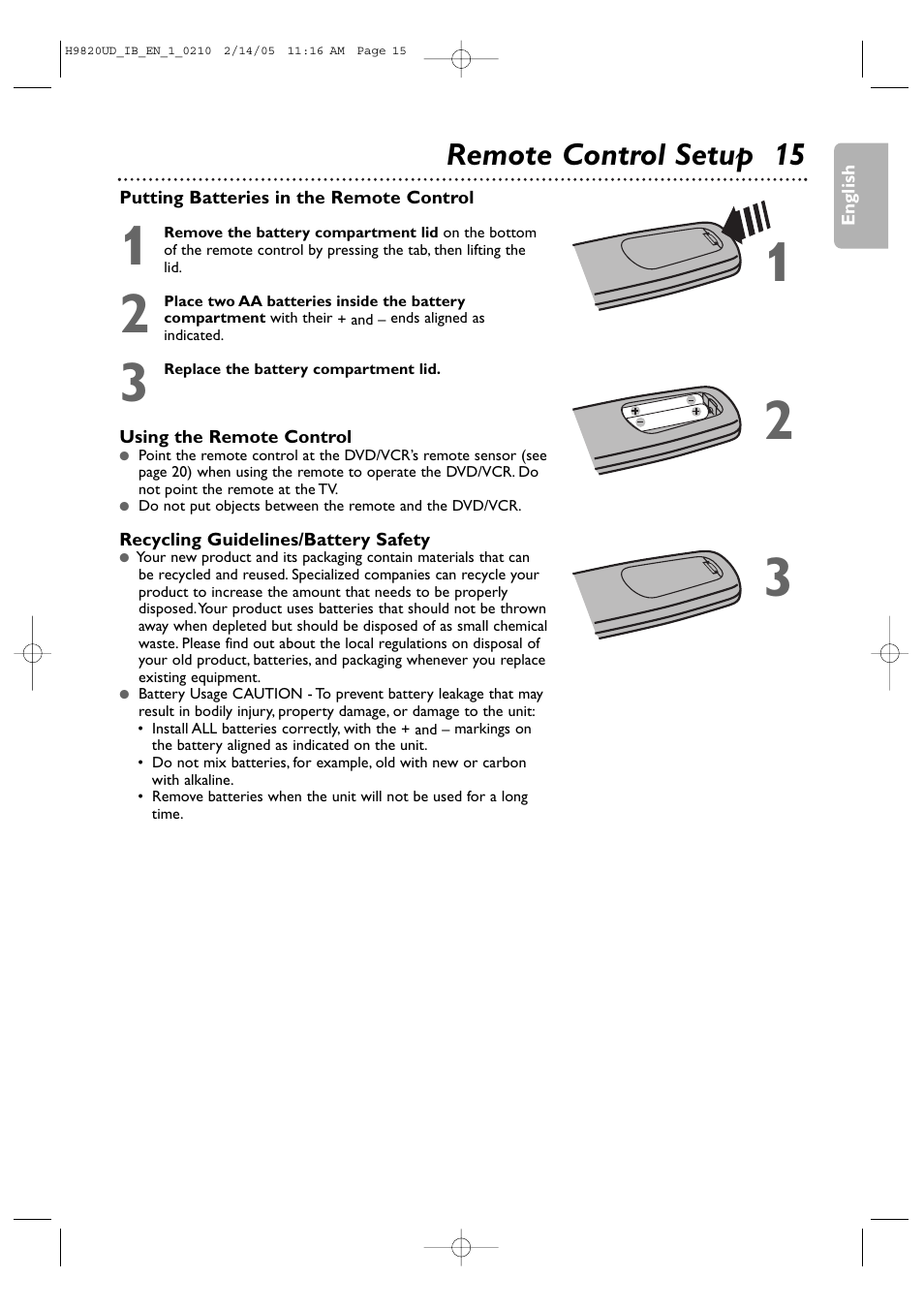 Remote control setup 15 | Philips DVP3050V/37 User Manual | Page 15 / 66