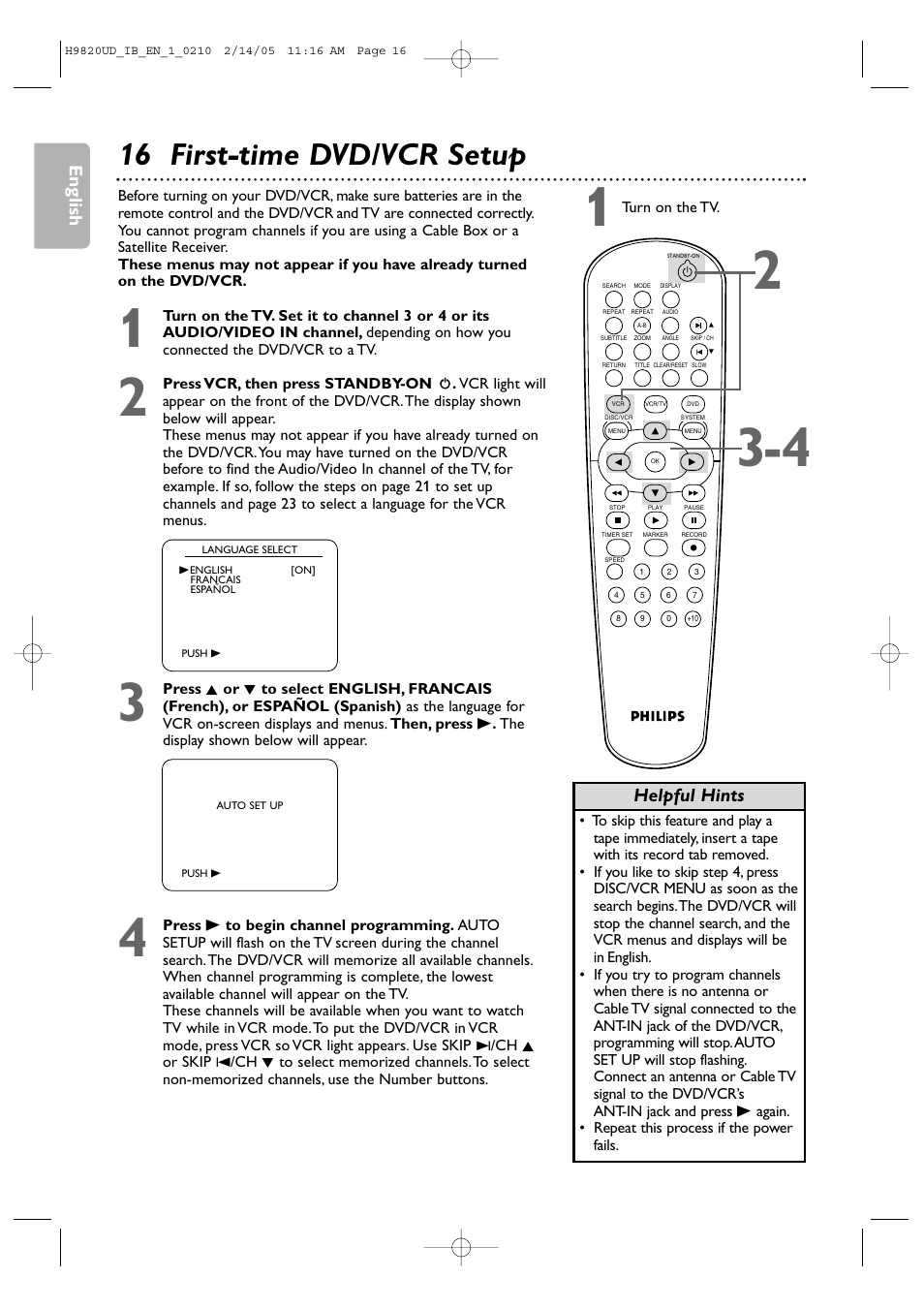 16 first-time dvd/vcr setup, English, Helpful hints | Philips DVP3050V/37 User Manual | Page 16 / 66