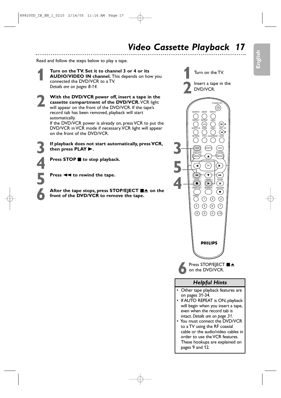 Video cassette playback 17 | Philips DVP3050V/37 User Manual | Page 17 / 66