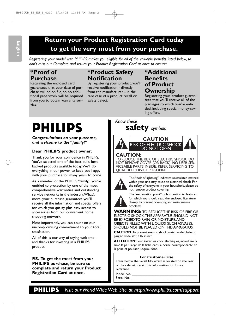 Safety, Proof of purchase, Product safety notification | Additional benefits of product ownership | Philips DVP3050V/37 User Manual | Page 2 / 66