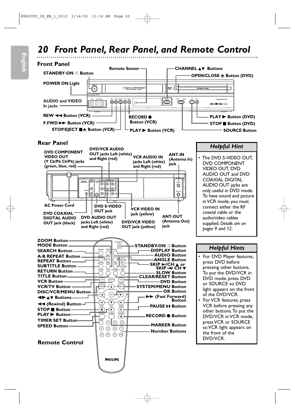 20 front panel, rear panel, and remote control, English, Helpful hint | Helpful hints, Front panel rear panel remote control | Philips DVP3050V/37 User Manual | Page 20 / 66
