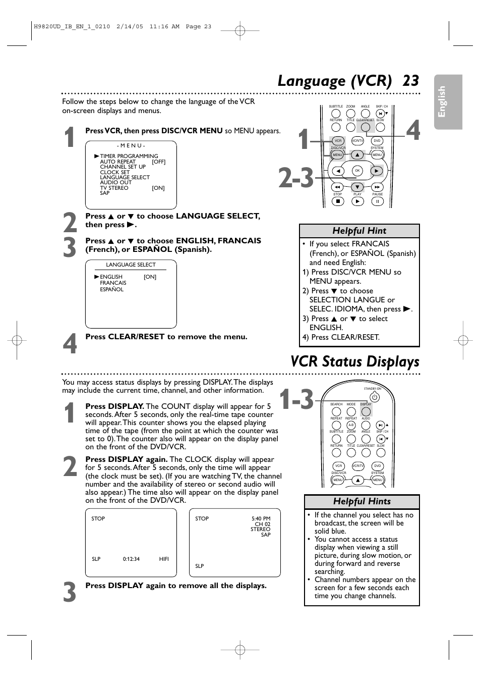 Language (vcr) 23, 23 vcr status displays | Philips DVP3050V/37 User Manual | Page 23 / 66
