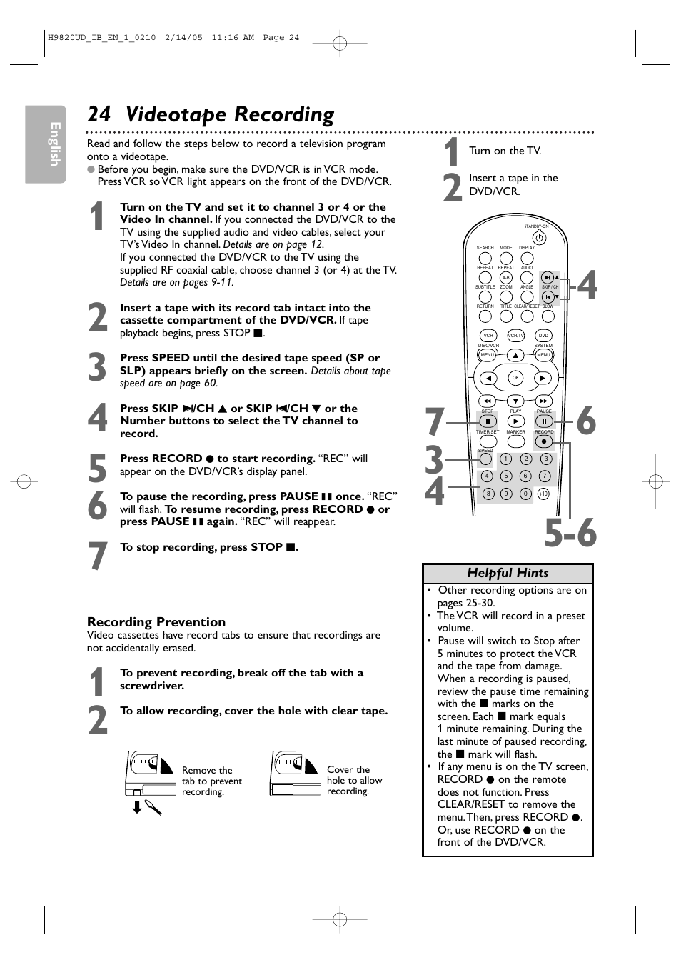 24 videotape recording | Philips DVP3050V/37 User Manual | Page 24 / 66