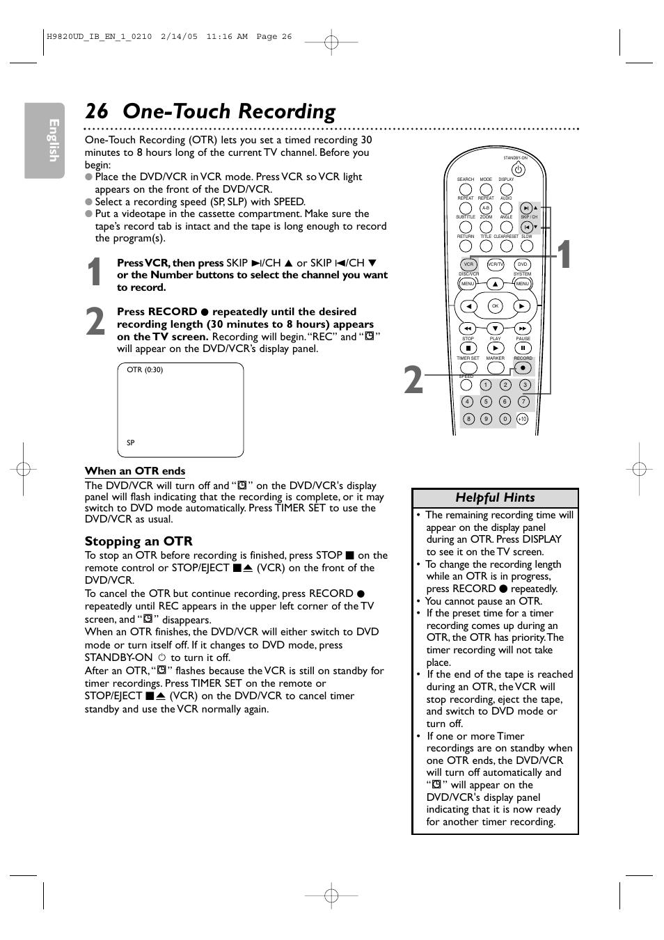 26 one-touch recording, English, Stopping an otr | Helpful hints | Philips DVP3050V/37 User Manual | Page 26 / 66