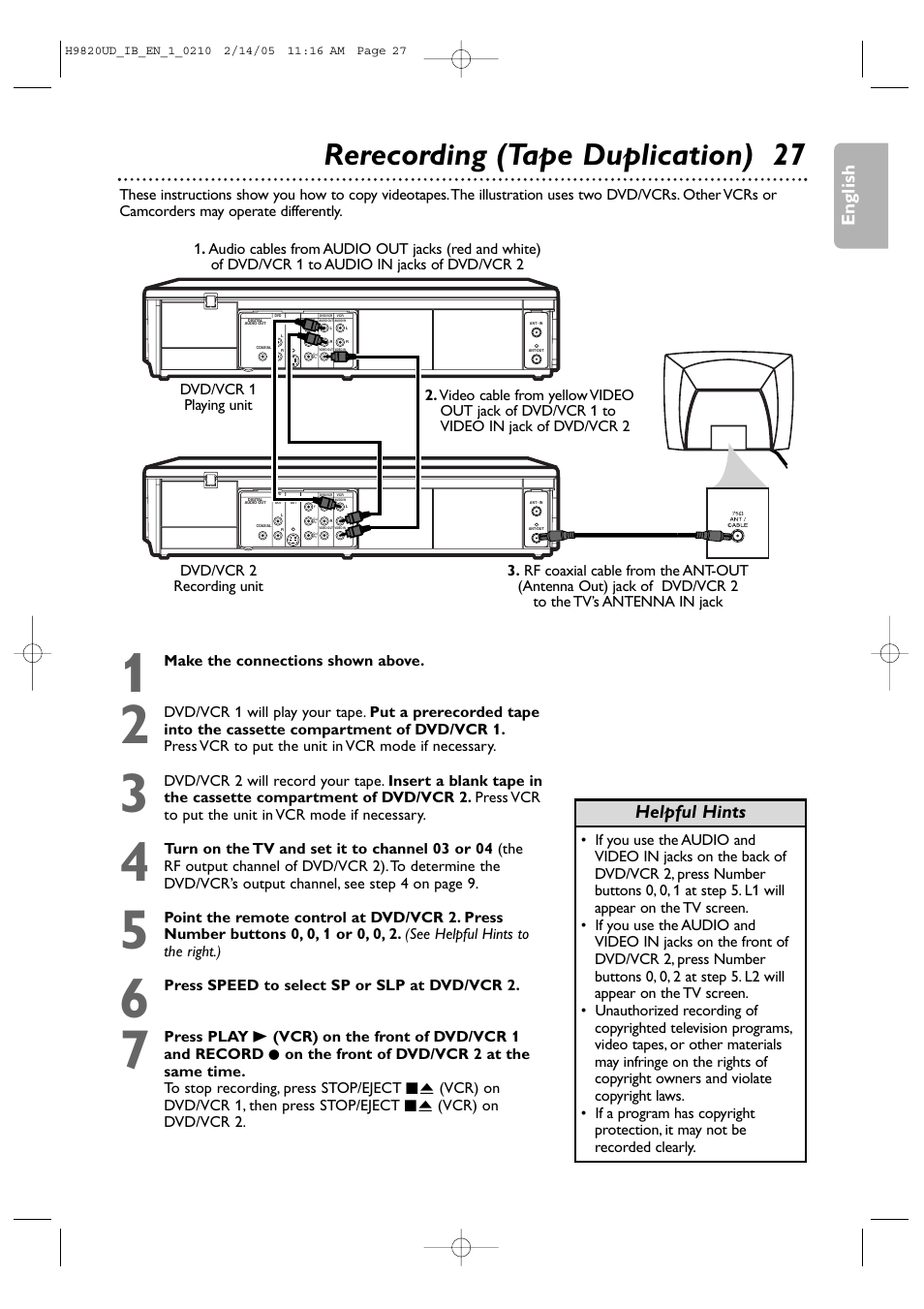 Rerecording (tape duplication) 27, English, Helpful hints | Make the connections shown above, Press speed to select sp or slp at dvd/vcr 2 | Philips DVP3050V/37 User Manual | Page 27 / 66