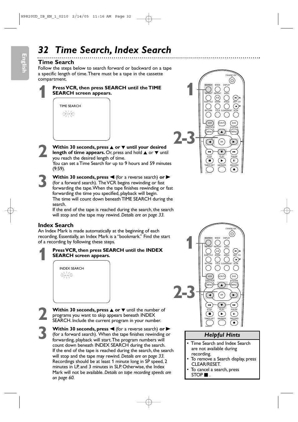 32 time search, index search, English, Time search | Helpful hints index search | Philips DVP3050V/37 User Manual | Page 32 / 66
