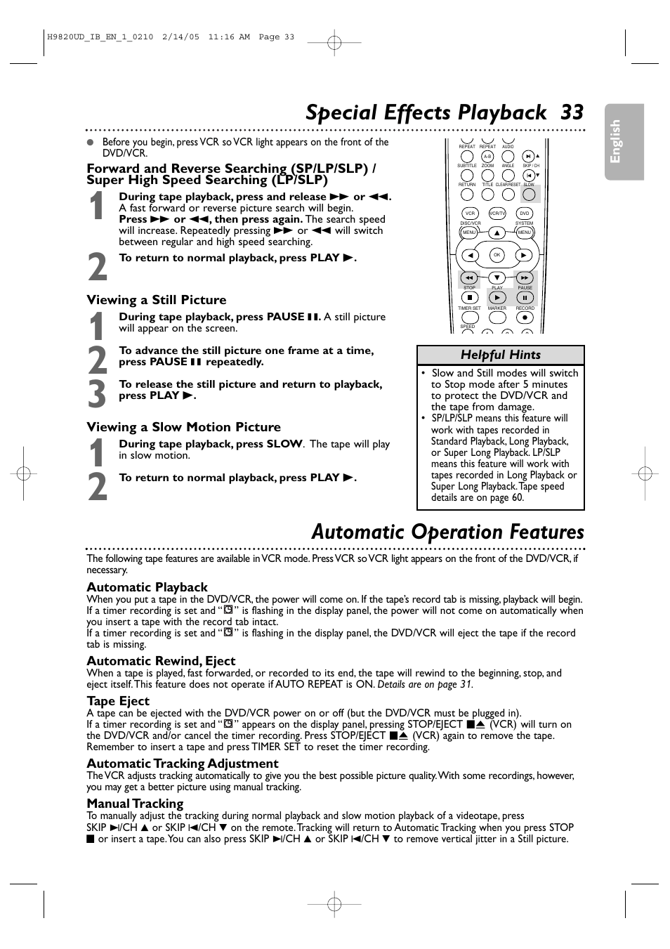 Special effects playback 33, Automatic operation features | Philips DVP3050V/37 User Manual | Page 33 / 66