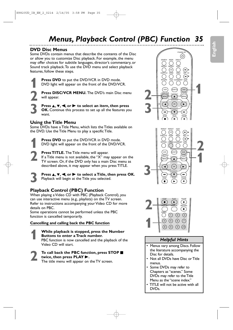 Menus, playback control (pbc) function 35 | Philips DVP3050V/37 User Manual | Page 35 / 66
