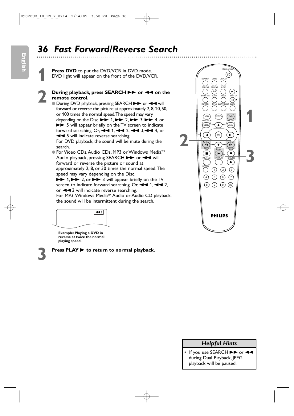 36 fast forward/reverse search, English, Helpful hints | Philips DVP3050V/37 User Manual | Page 36 / 66