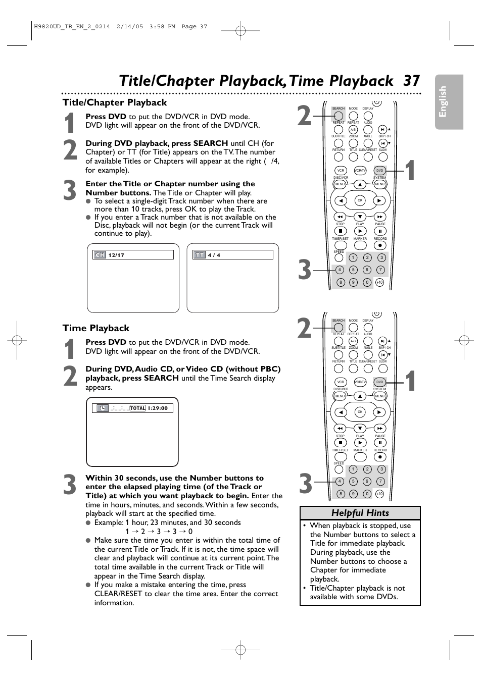 Title/chapter playback,time playback 37, English time playback, Title/chapter playback | Helpful hints | Philips DVP3050V/37 User Manual | Page 37 / 66