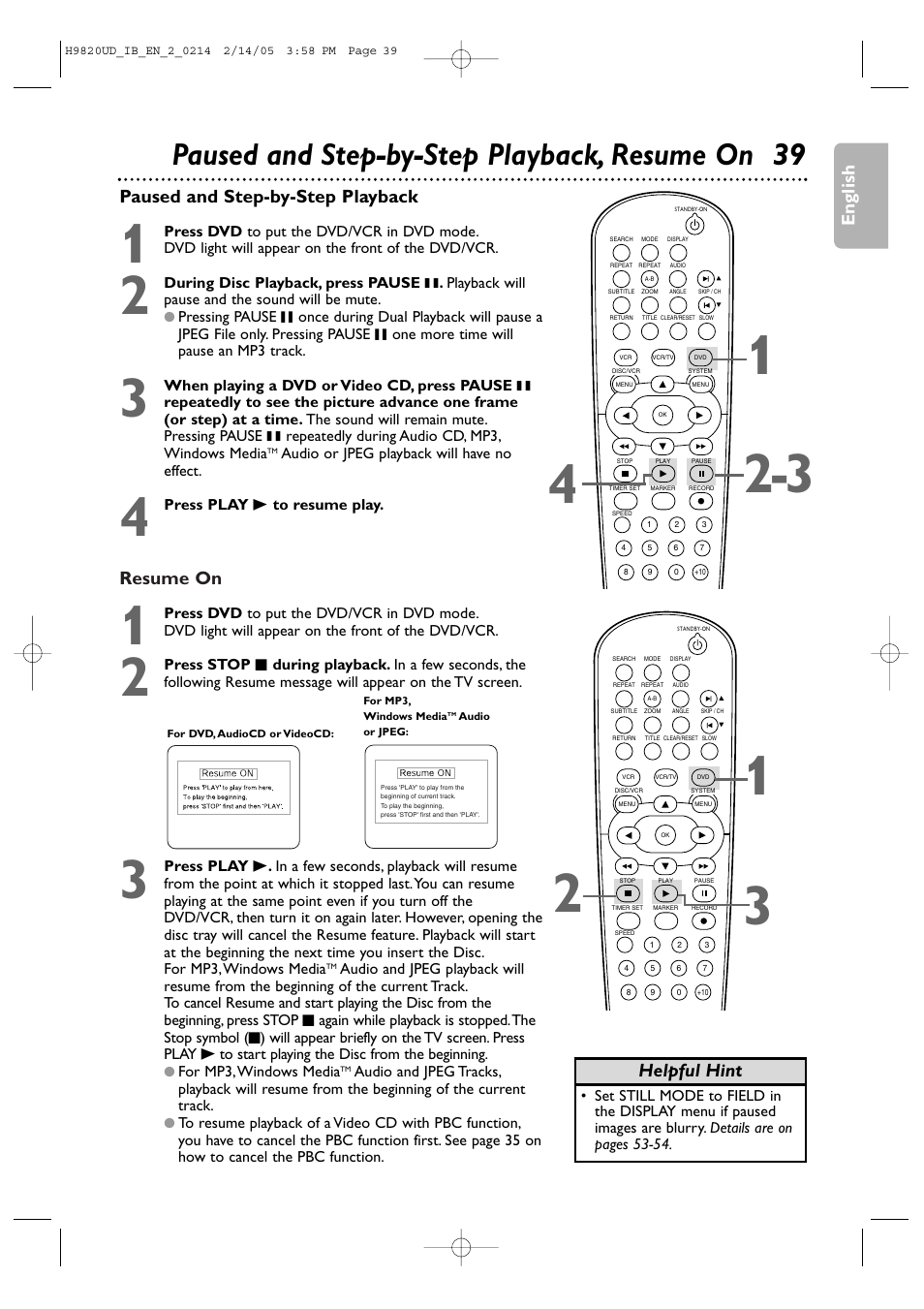 Paused and step-by-step playback, resume on 39, Resume on, English | Paused and step-by-step playback, Helpful hint | Philips DVP3050V/37 User Manual | Page 39 / 66