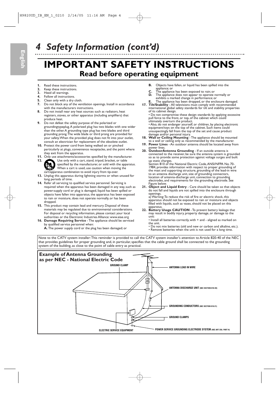 Important safety instructions, 4 safety information (cont’d), Read before operating equipment | English | Philips DVP3050V/37 User Manual | Page 4 / 66