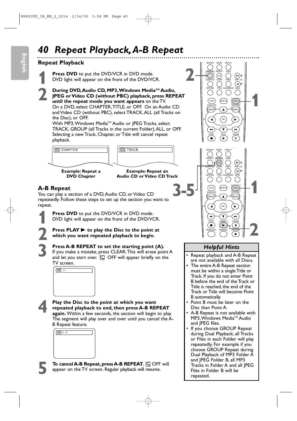 40 repeat playback, a-b repeat, English, Helpful hints a-b repeat | Repeat playback | Philips DVP3050V/37 User Manual | Page 40 / 66